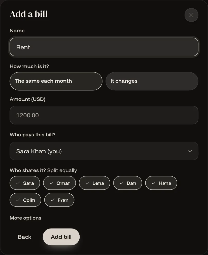 The Add a bill form: name, amount, who pays and who shares it