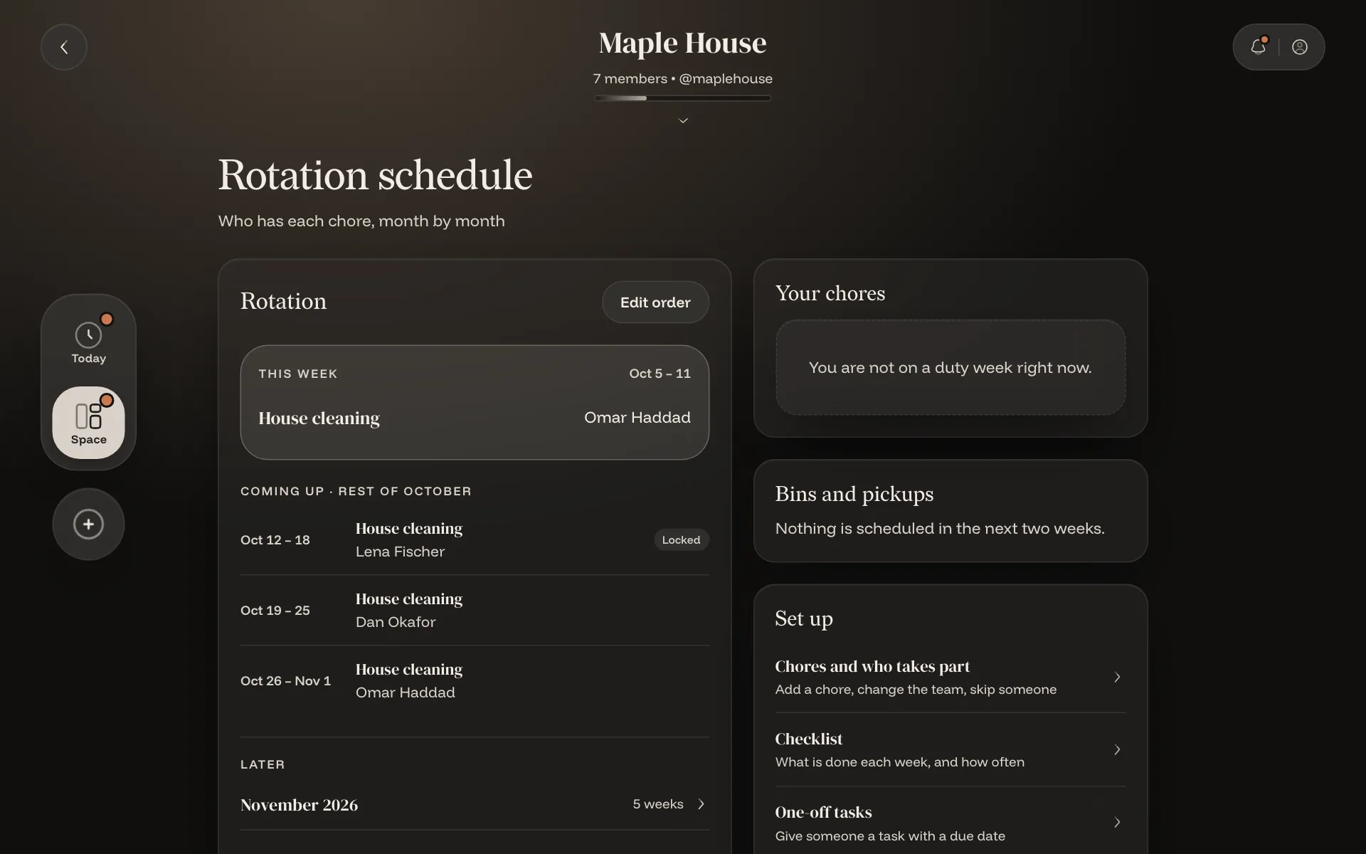 The rotation schedule: this week and the weeks ahead, with who has each chore