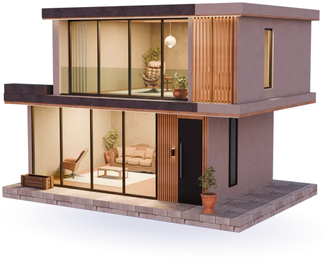 A two-storey house in the evening, the windows lit