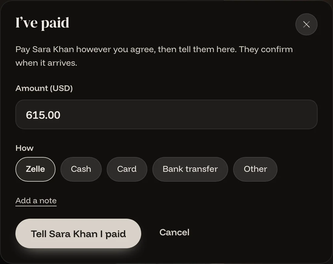 The I’ve paid sheet: amount, how you paid, and a button to tell Sara
